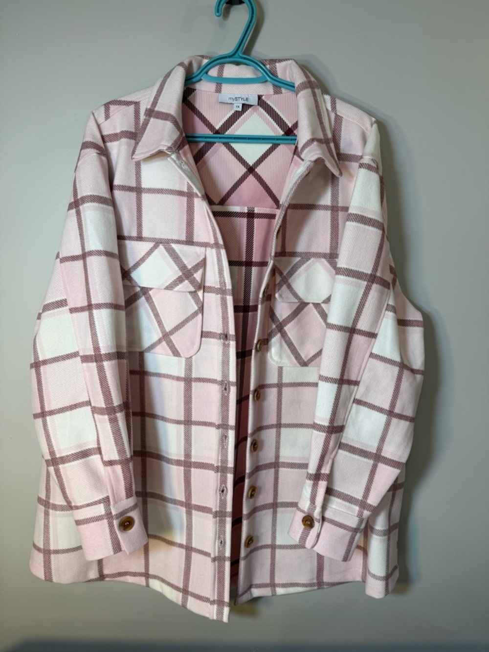 Plaid Button-Up Shacket in Pink and White